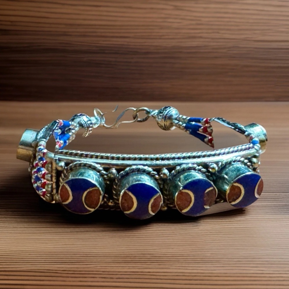 Vintage & Handcrafted Artisan Ethnic Tribal Bracelet Inlay Stones Set In Silver